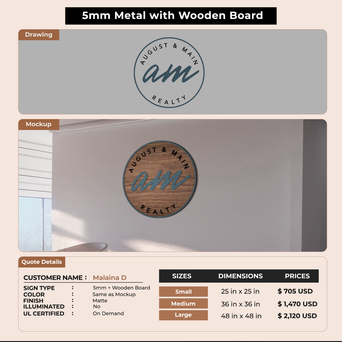 5MM Metal sign with wooden Board Sign for Malaina D