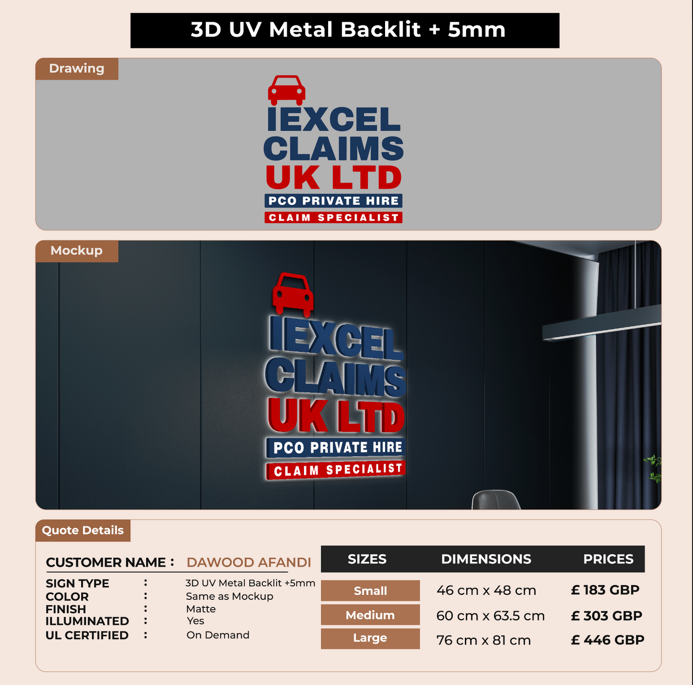 3D UV Metal Backlit with 5MM Sign for DAWOOD AFANDI