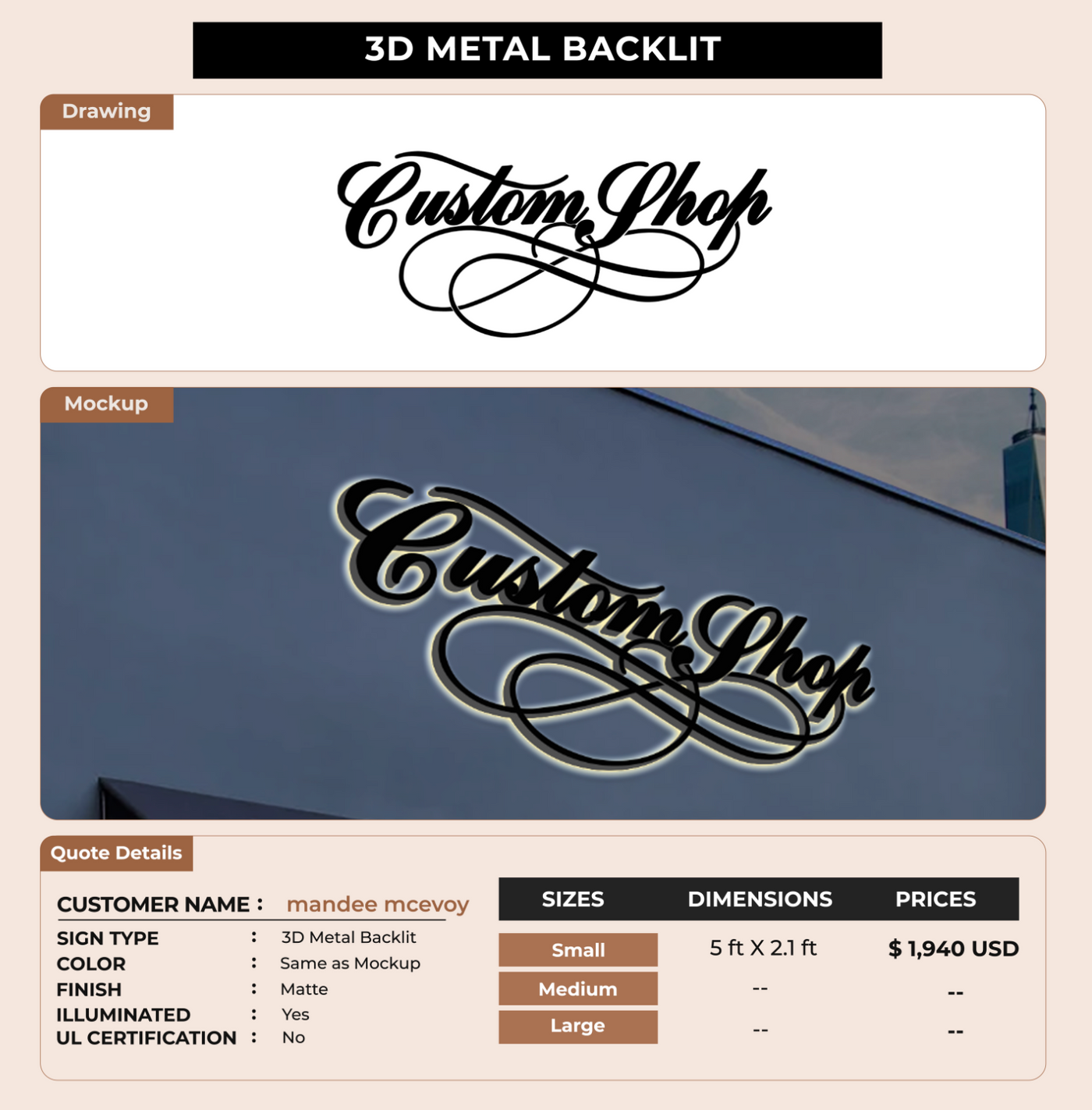 3D Metal Back lit sign for mandee mcevoy