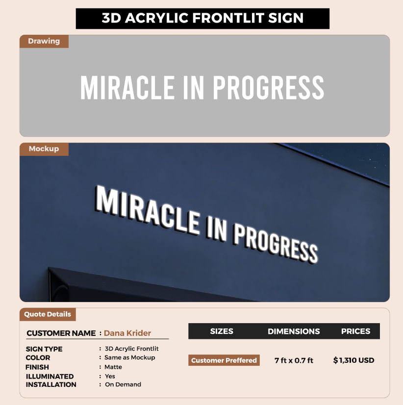 3d acrylic frontlit for Dana Krider
