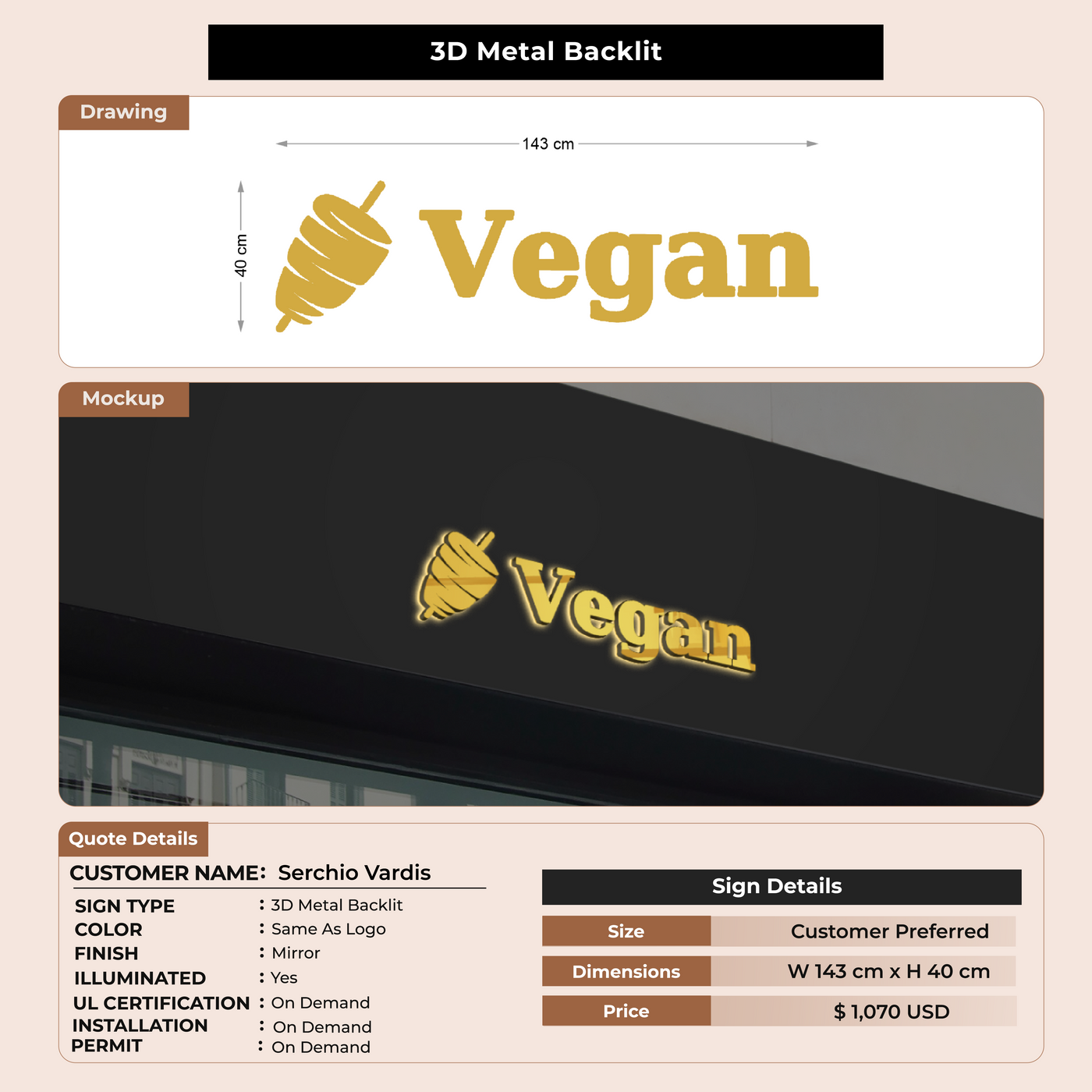 3D Metal Backlit Sign for Serchio Vardis