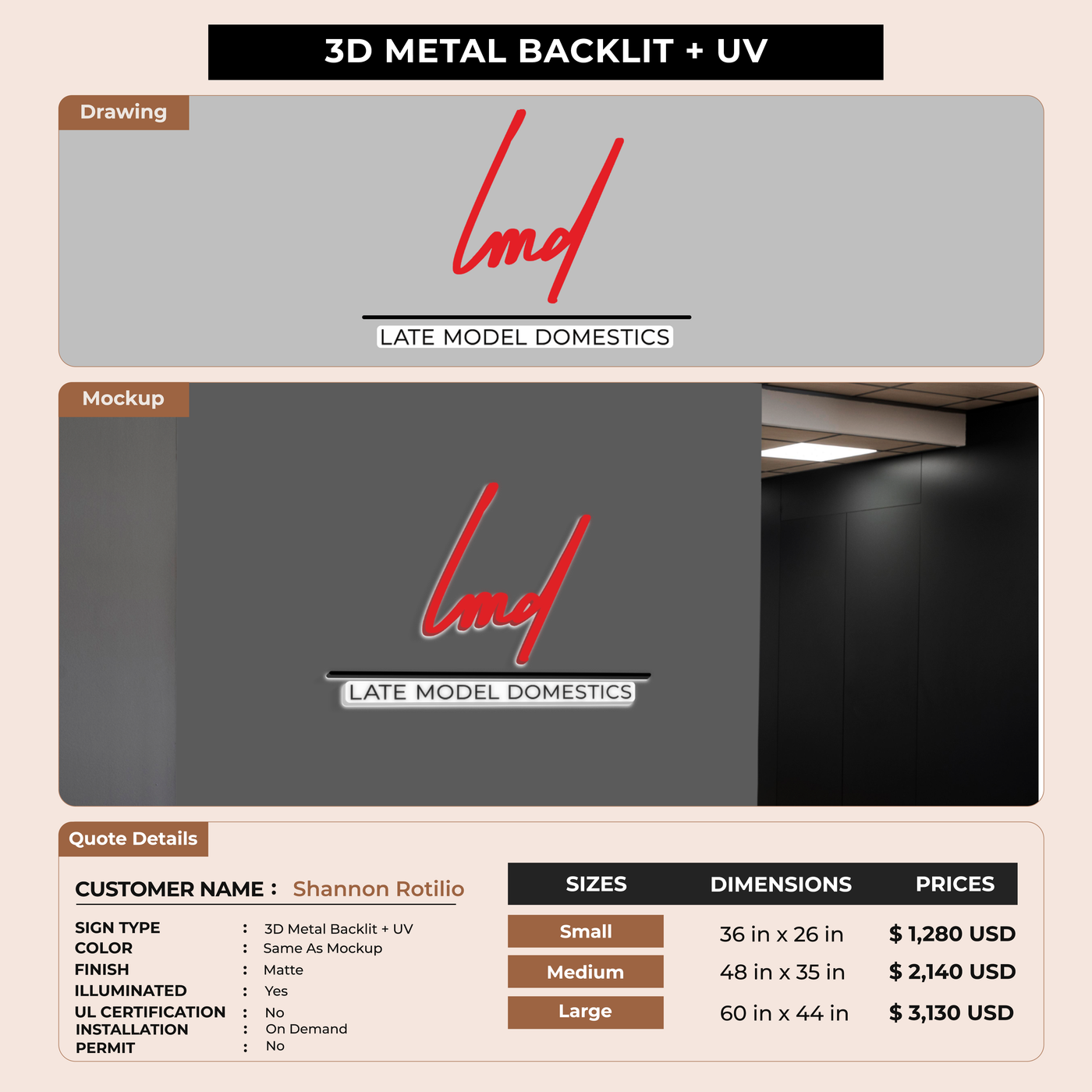 3D Metal backlit + UV Sign for Shannon Rotilio