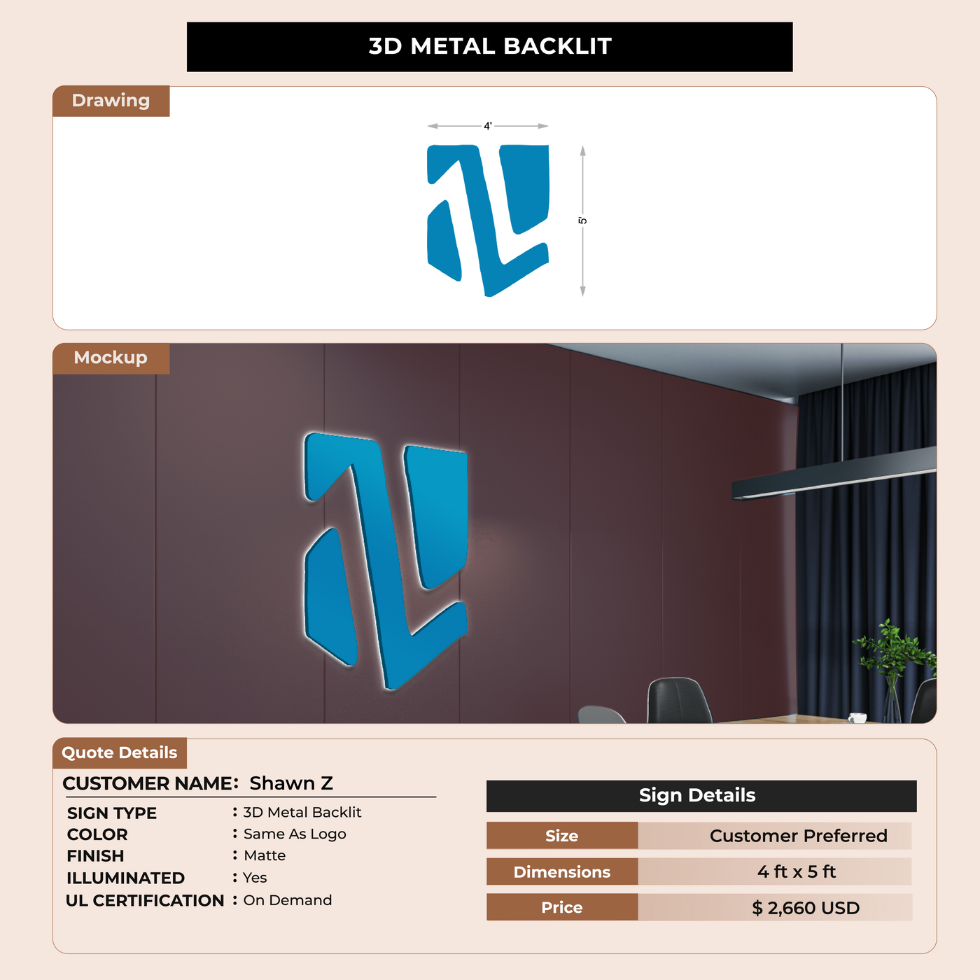 3D Metal Backlit sign for Shawn Z