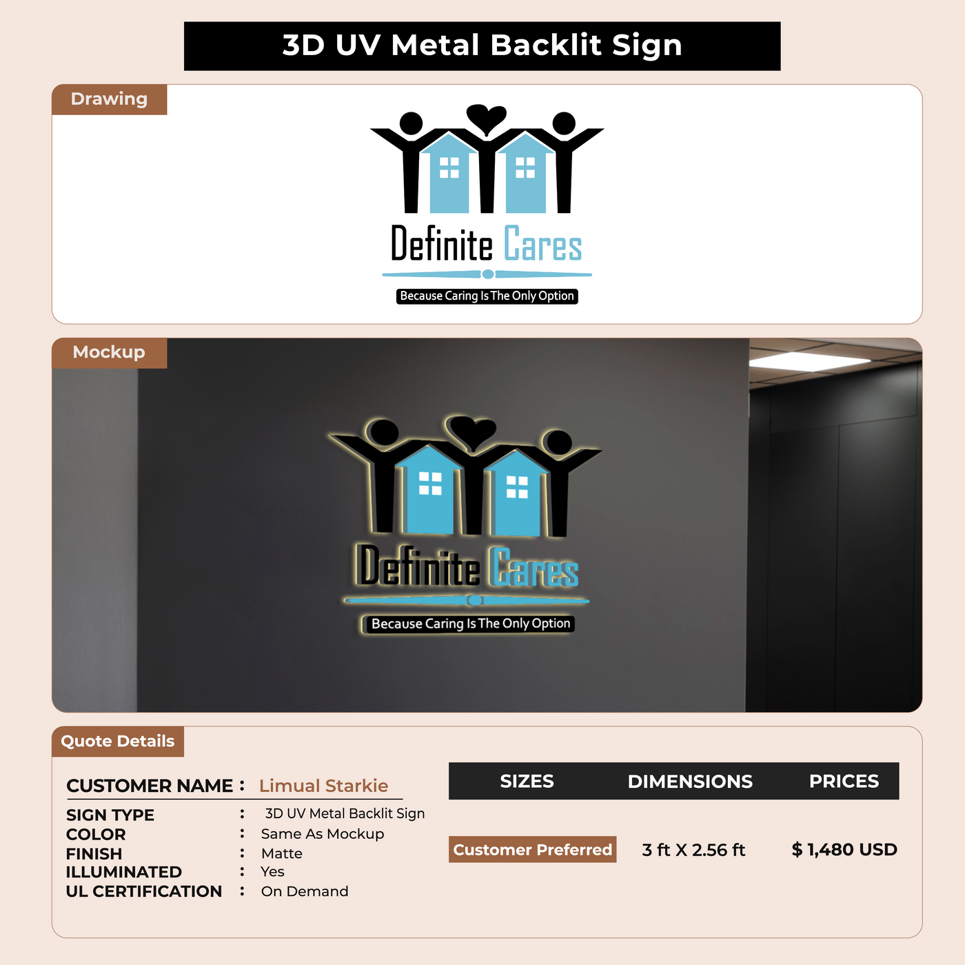 3D UV Metal Backlit sign for Limual Starkie