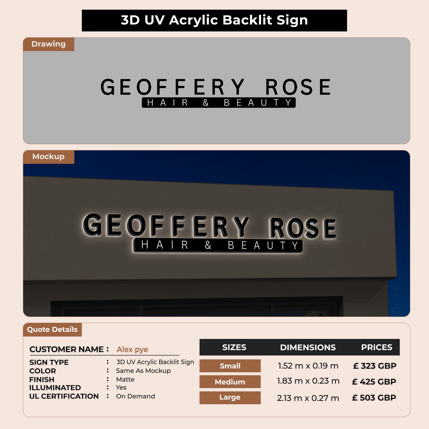 3D UV Acrylic Back-lit Sign For alex pye