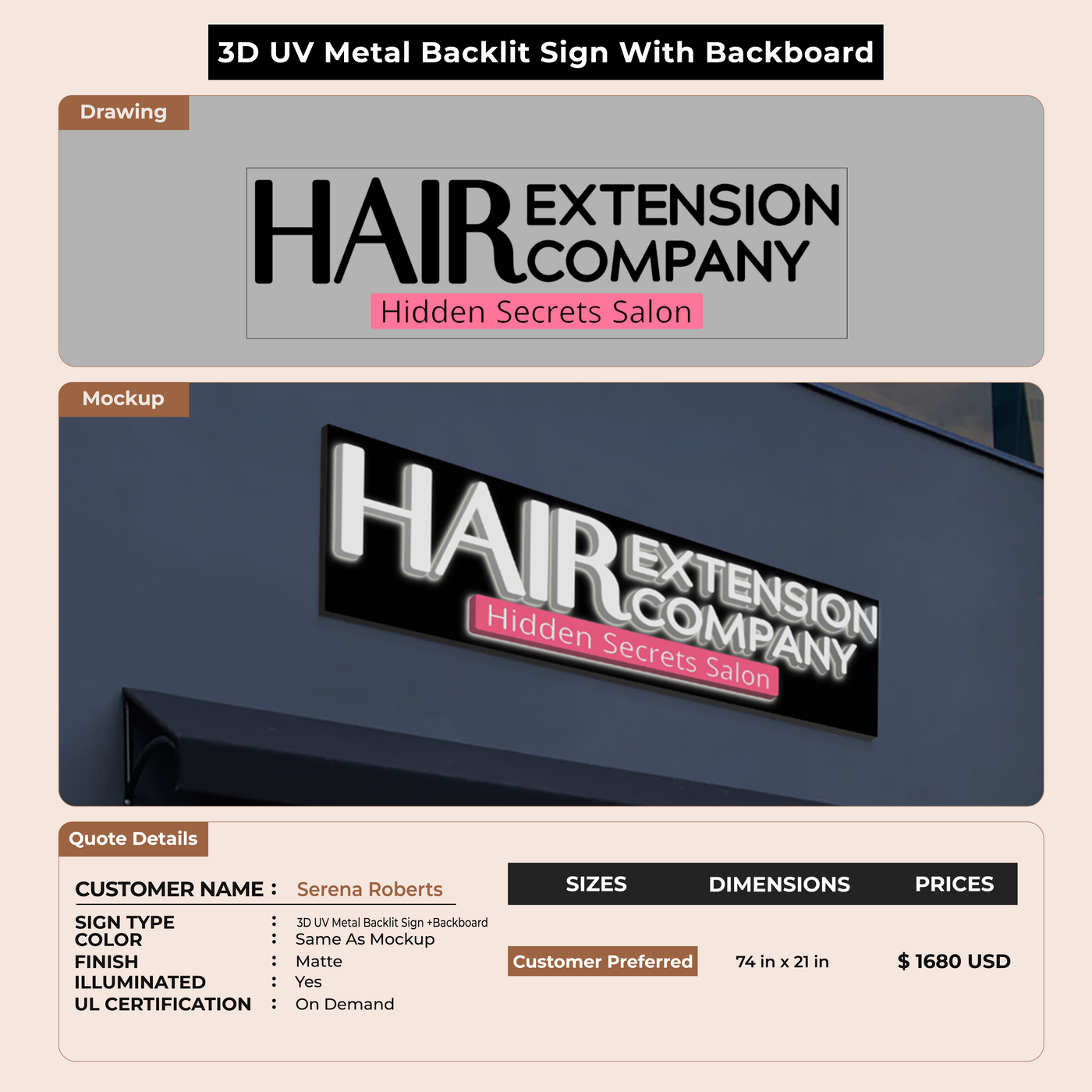 3D UV Metal Backlit with Backboard Sign for Serena Roberts