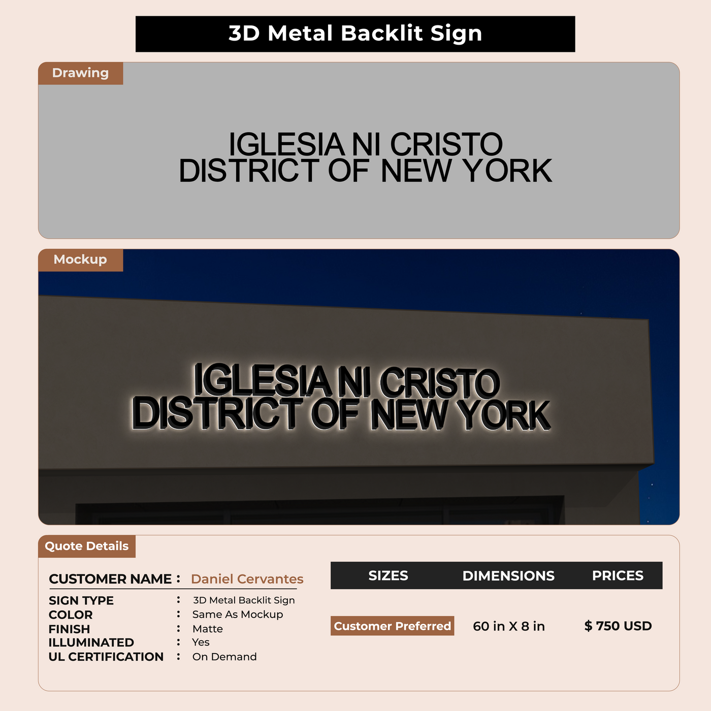 3D Metal Back-lit Sign For Daniel Cervantes