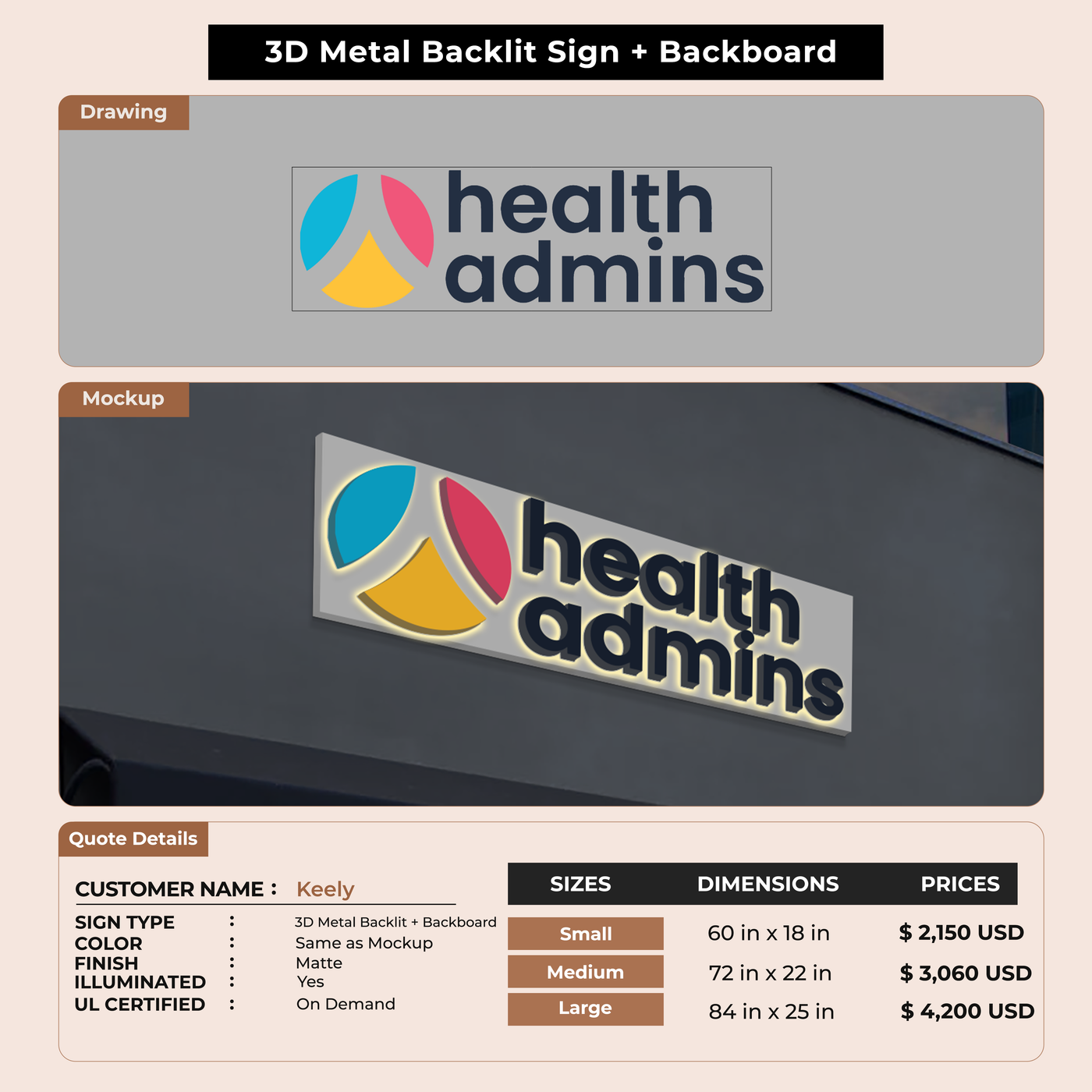 3D Metal Backlit Sign with Backboard for Keely