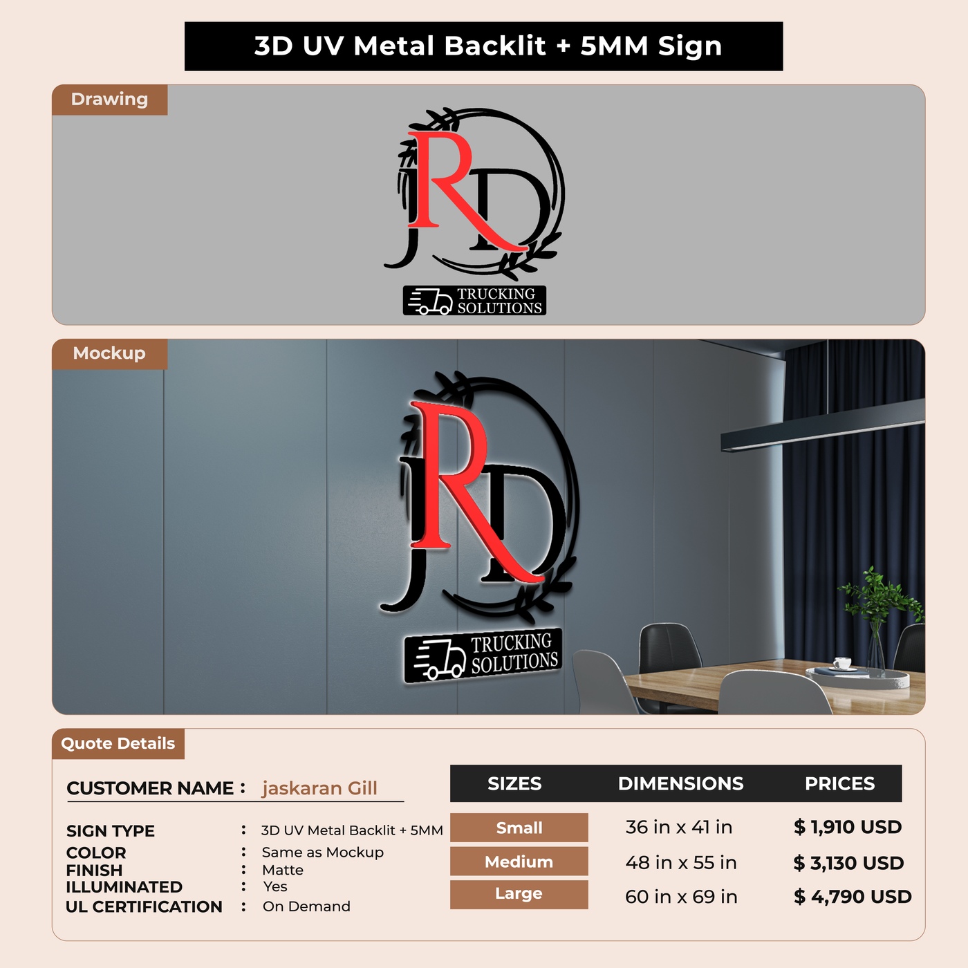 3D UV Metal Back-lit + 5MM Sign For jaskaran Gill