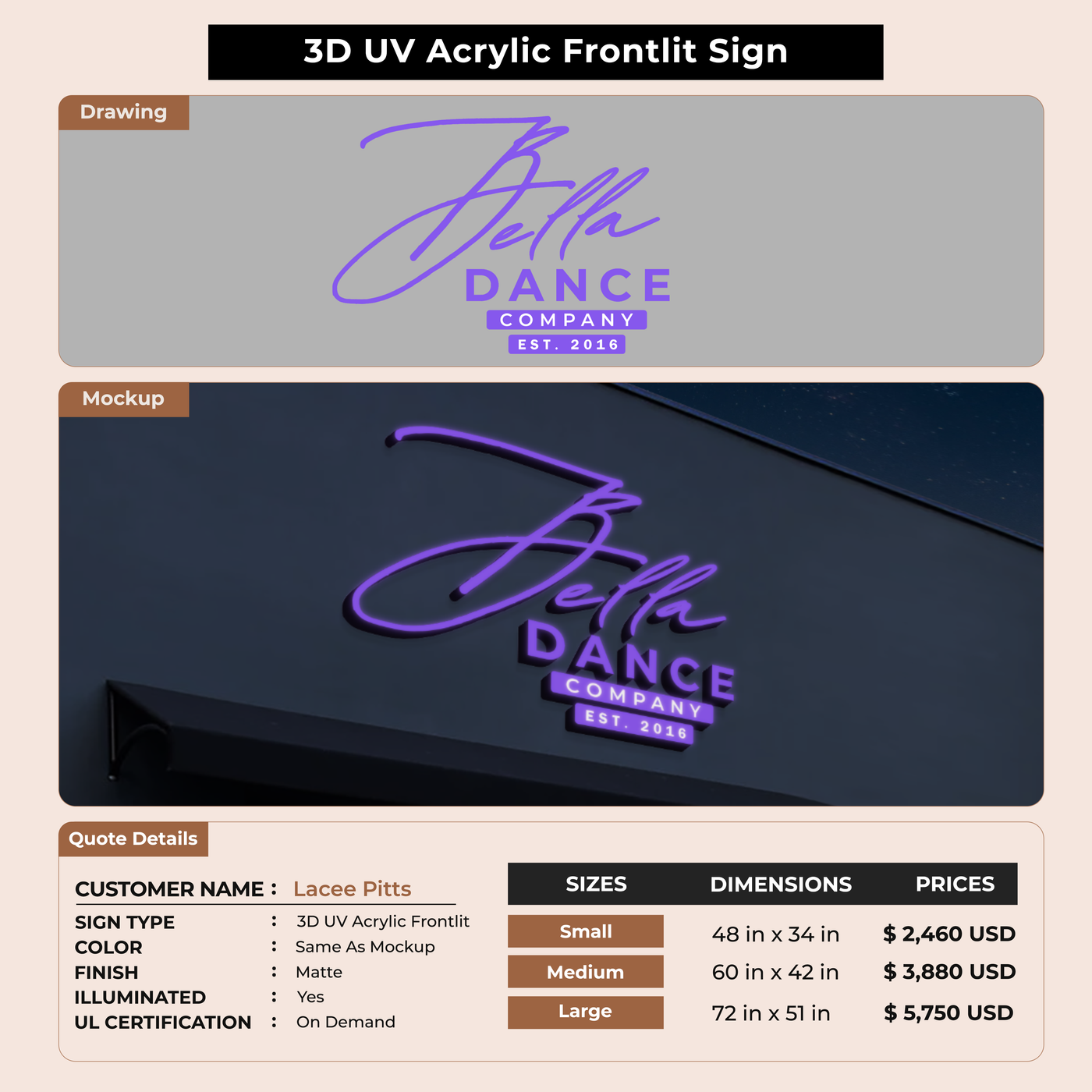 3D UV Acrylic Front-lit Sign For Lacee Pitts