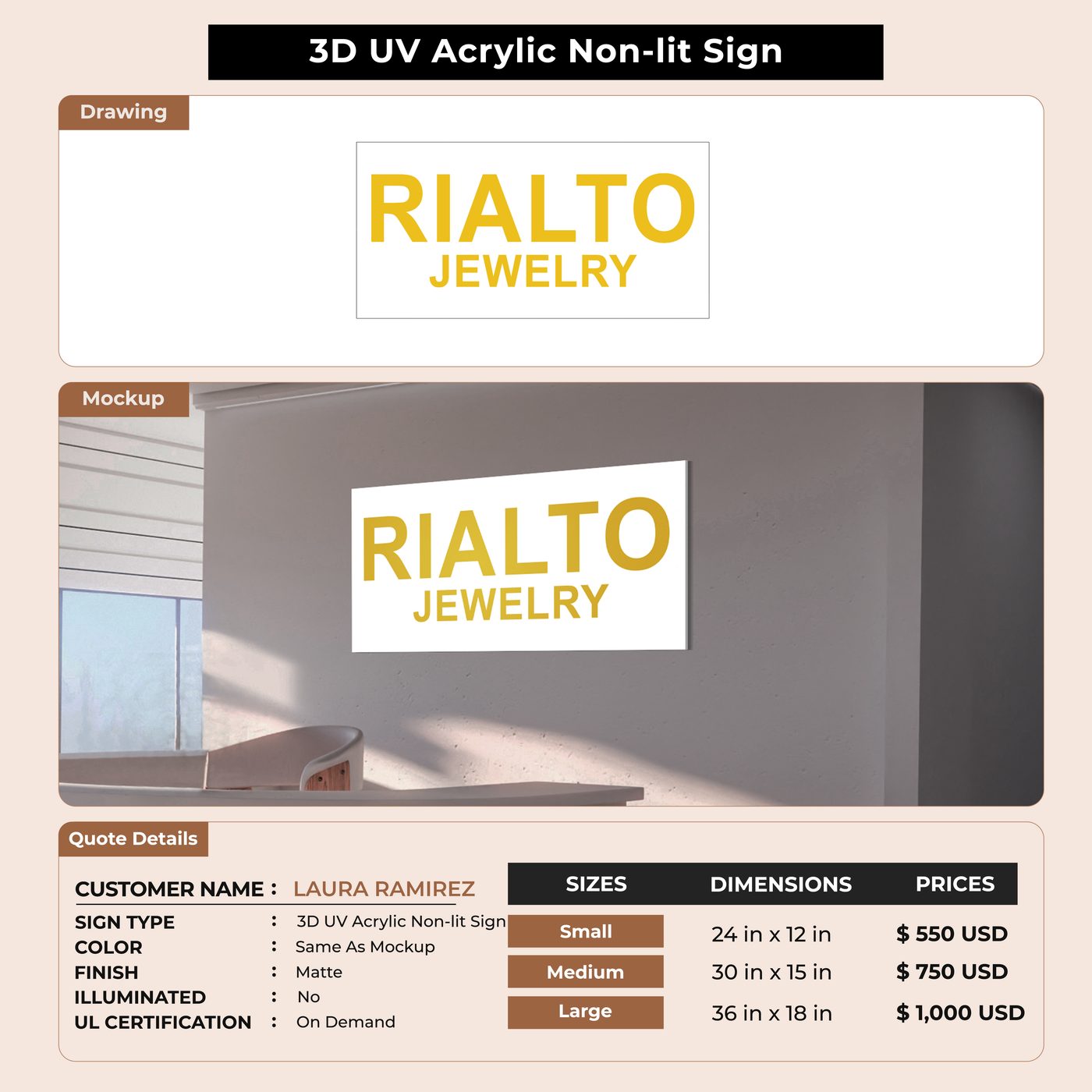 3D UV Acrylic Non-lit Sign For LAURA RAMIREZ
