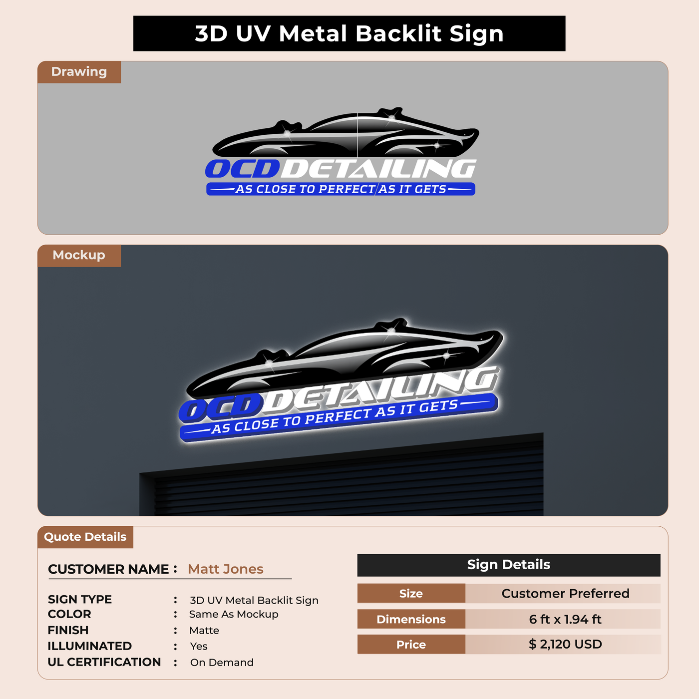 3D UV Metal Back-lit Sign For Matt Jones