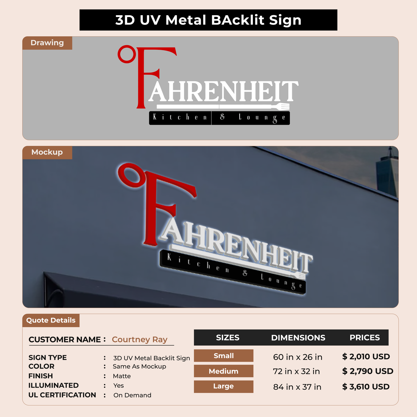 3D UV Metal Back-lit Sign For Courtney Ray