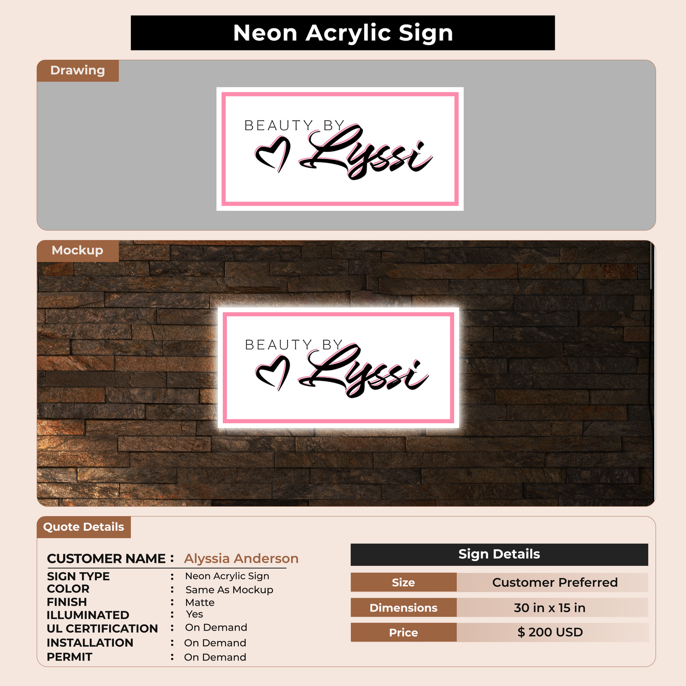 Neon acrylic for Alyssia Anderson