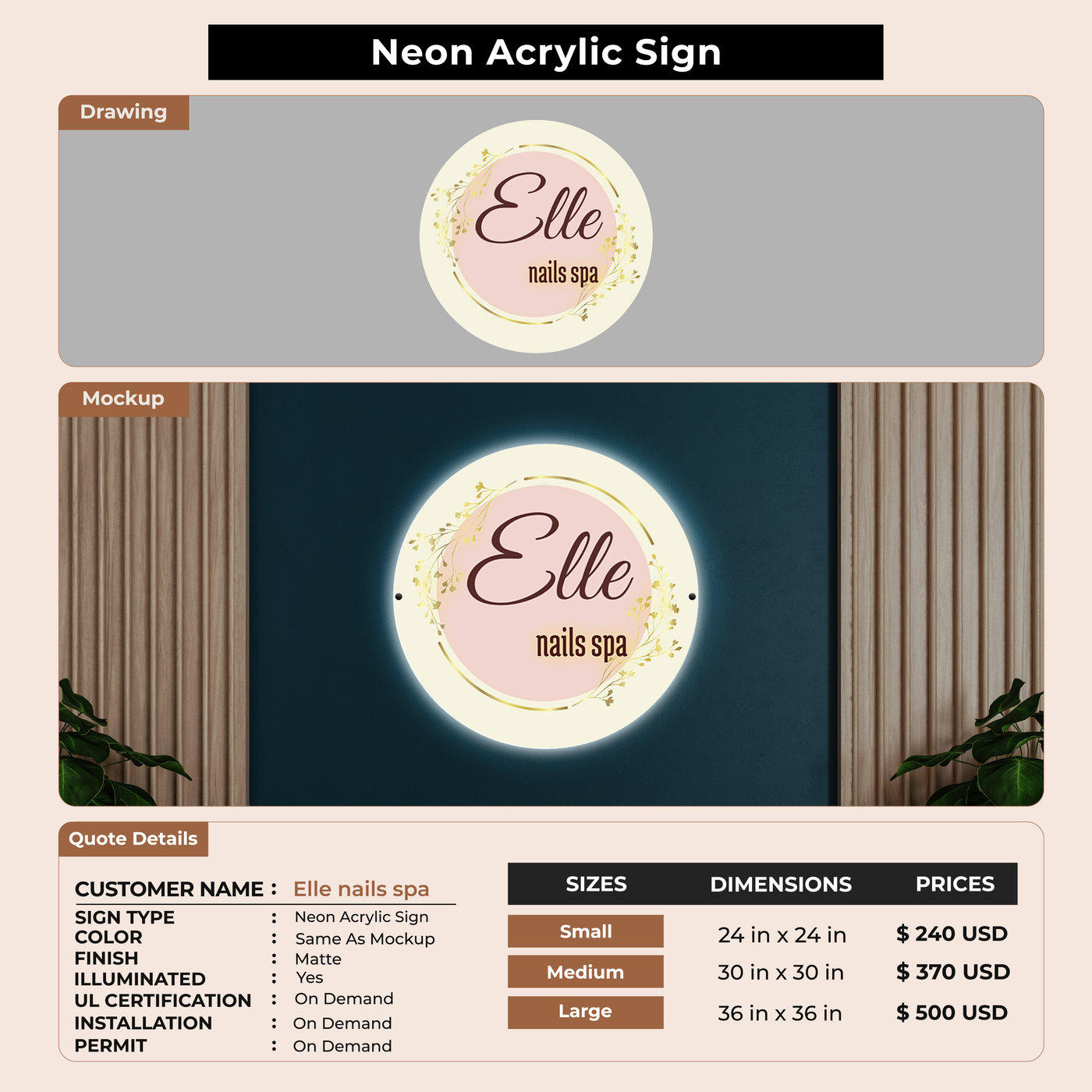 Neon Acrylic Sign for Elle nails spa
