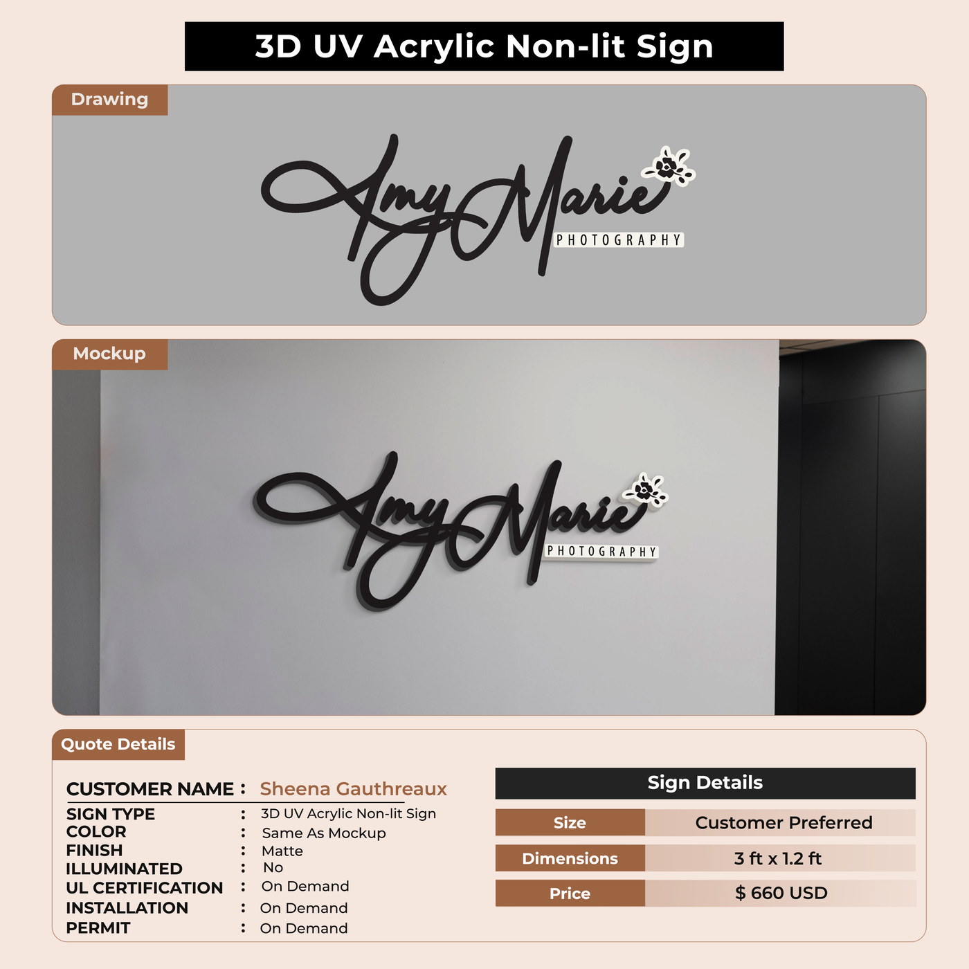3D UV Acrylic Non-Lit Sign for Sheena Gauthreaux