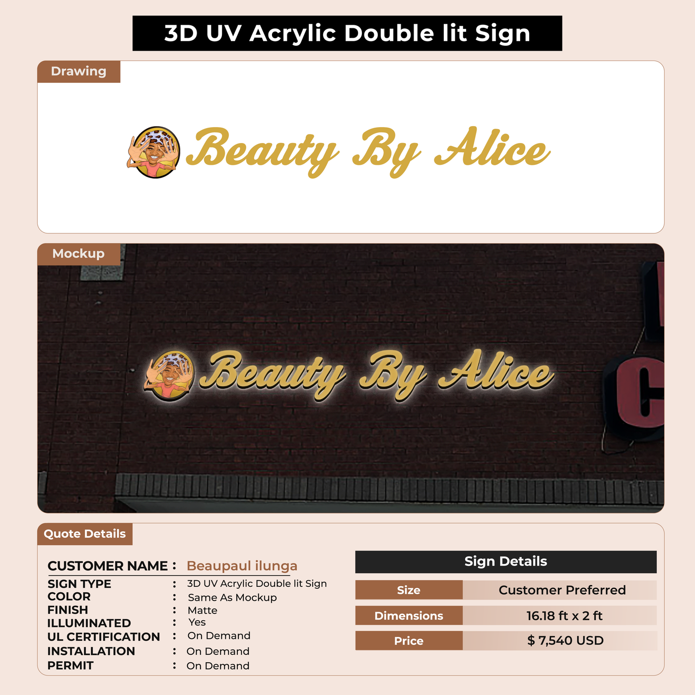 3D Acrylic Double-Lit + UV Sign for beaupaul ilunga