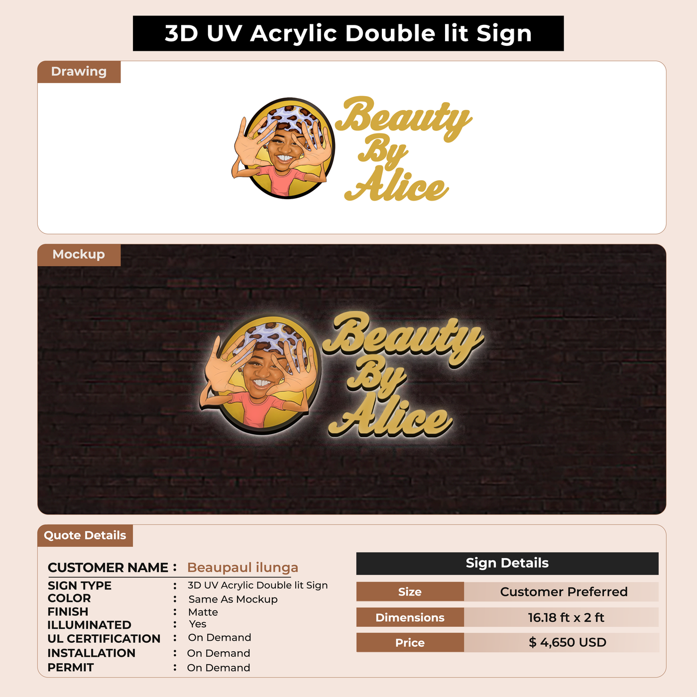 3D Acrylic Double-Lit + UV Sign for beaupaul ilunga