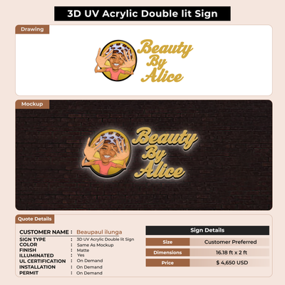 3D Acrylic Double-Lit + UV Sign for beaupaul ilunga