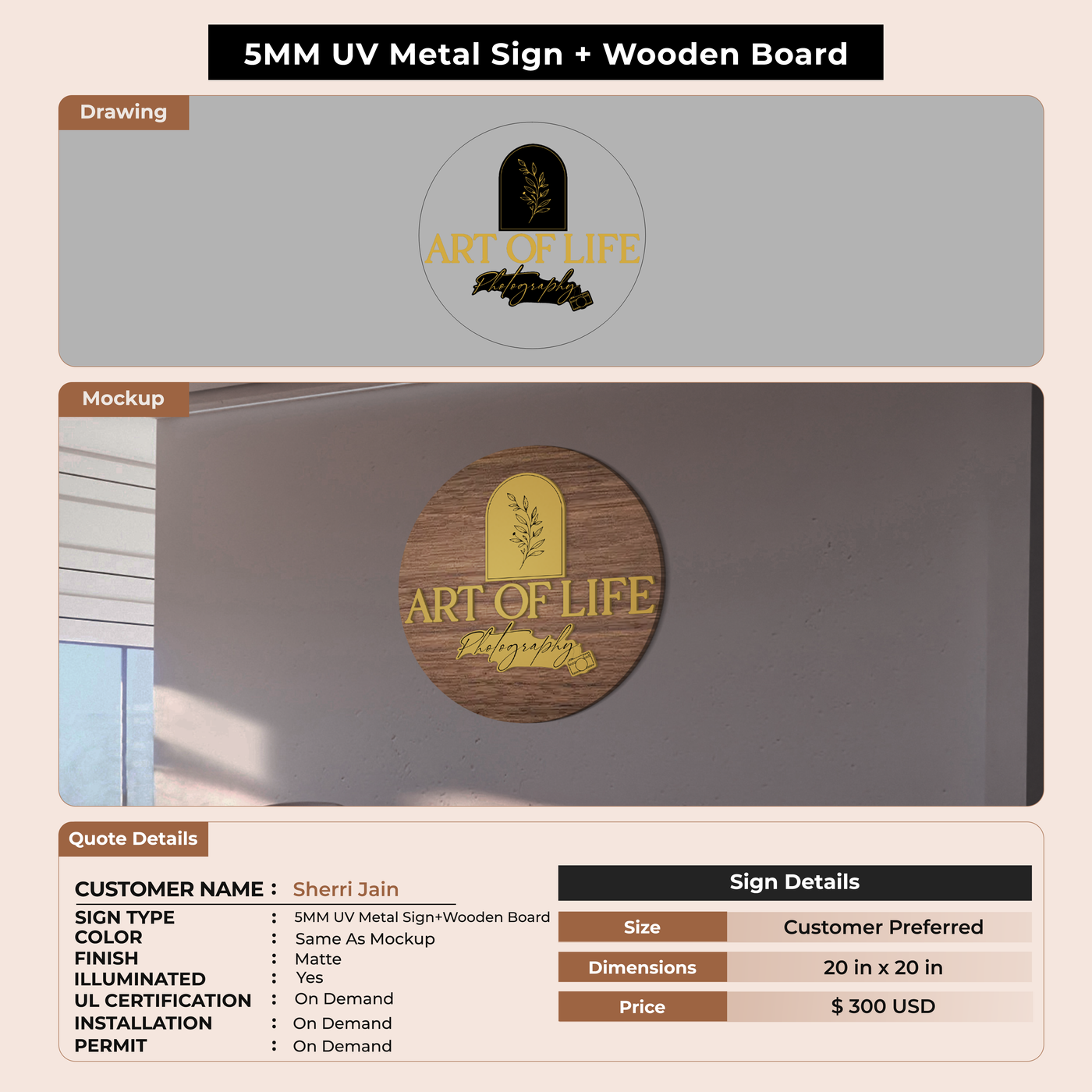 5mm Metal with Wooden Backboard Sign for Sherri Jain