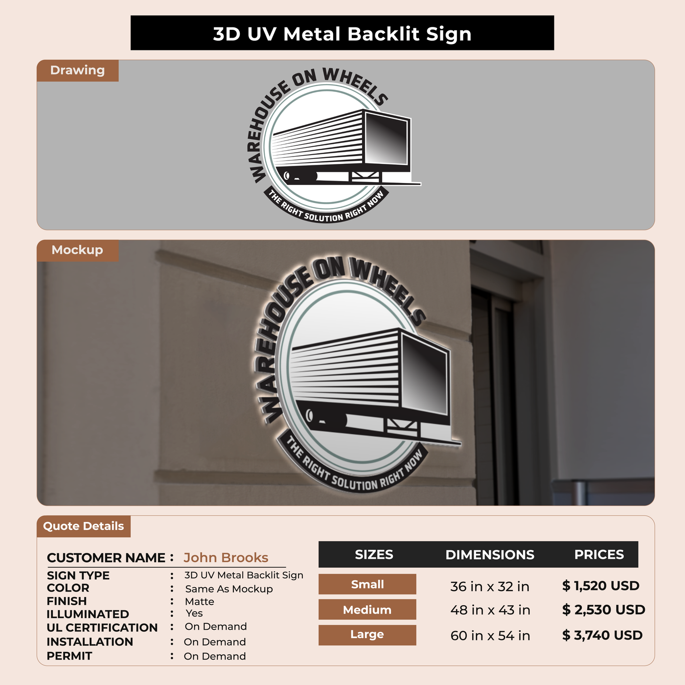 3D UV Metal Backlit Sign for John Brooks