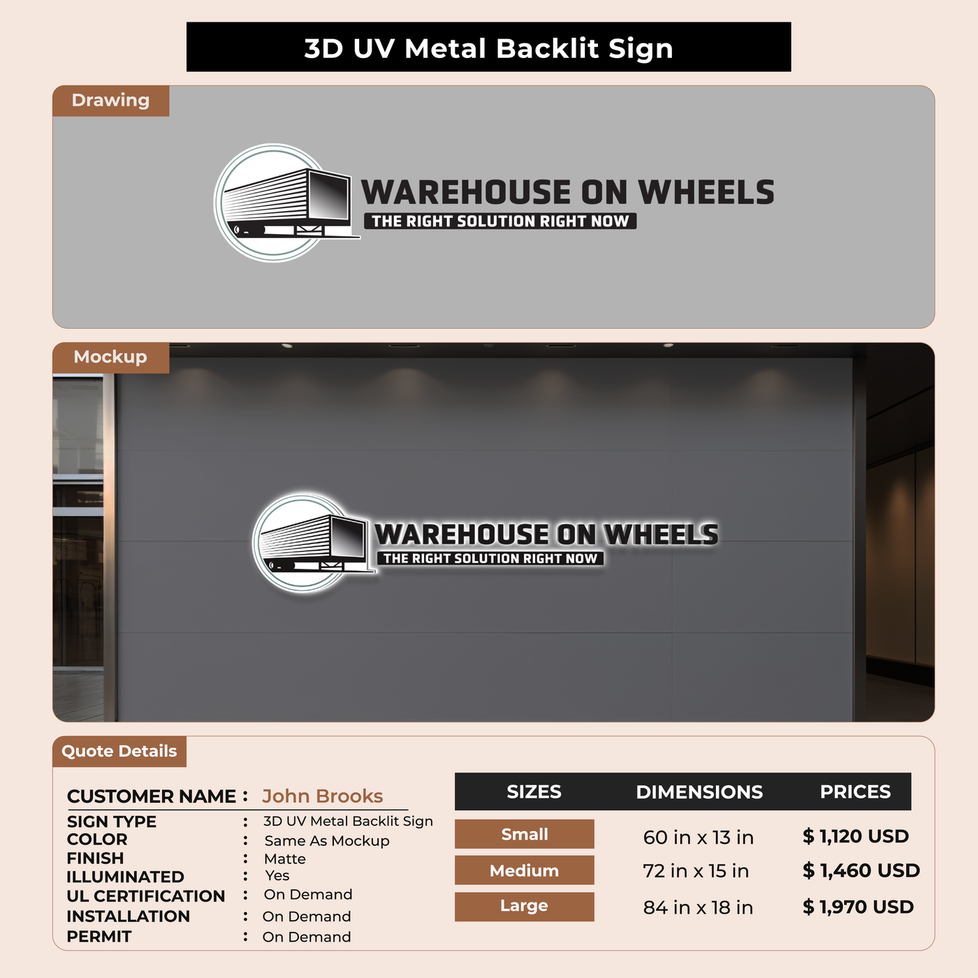 3D UV Metal Backlit Sign for John Brooks