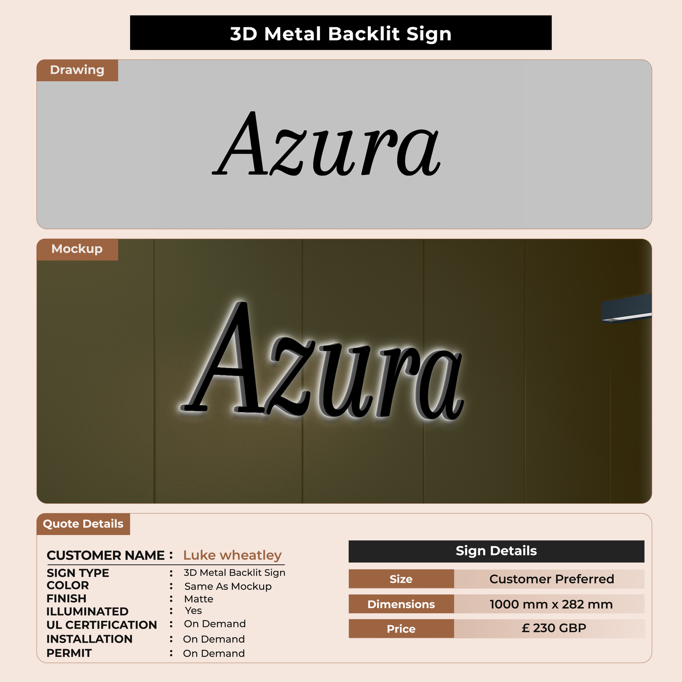 3D Metal Backlit Sign for Luke wheatley