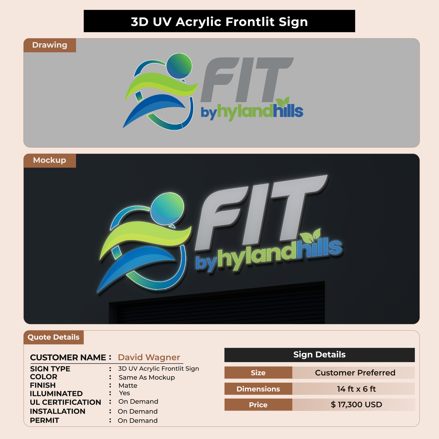 3D UV Acrylic Frontlit sign for David Wagner