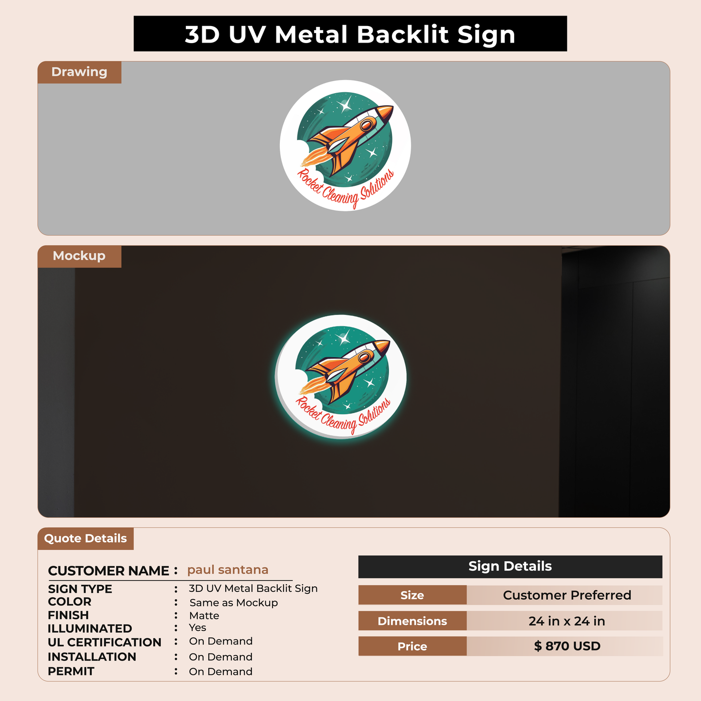 3D UV Metal Back-lit Sign For paul santana