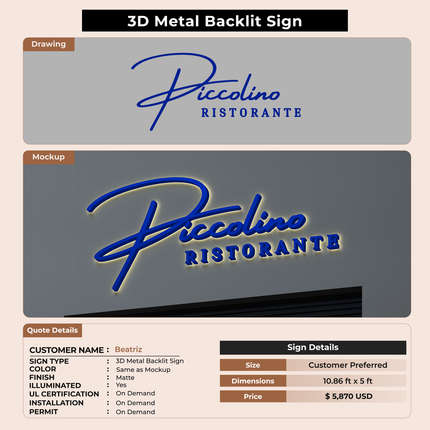 3D Metal Backlit Sign for Beatriz