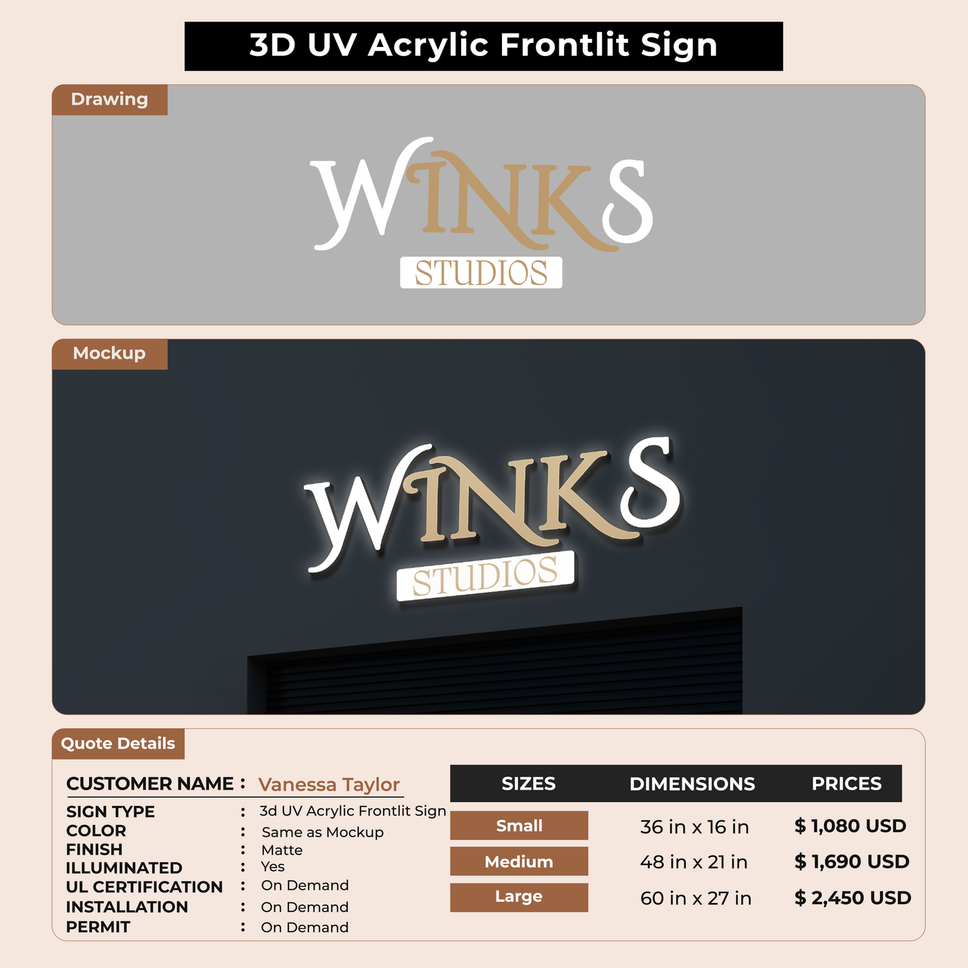 3D UV Acrylic Front-lit Sign For Vanessa Taylor