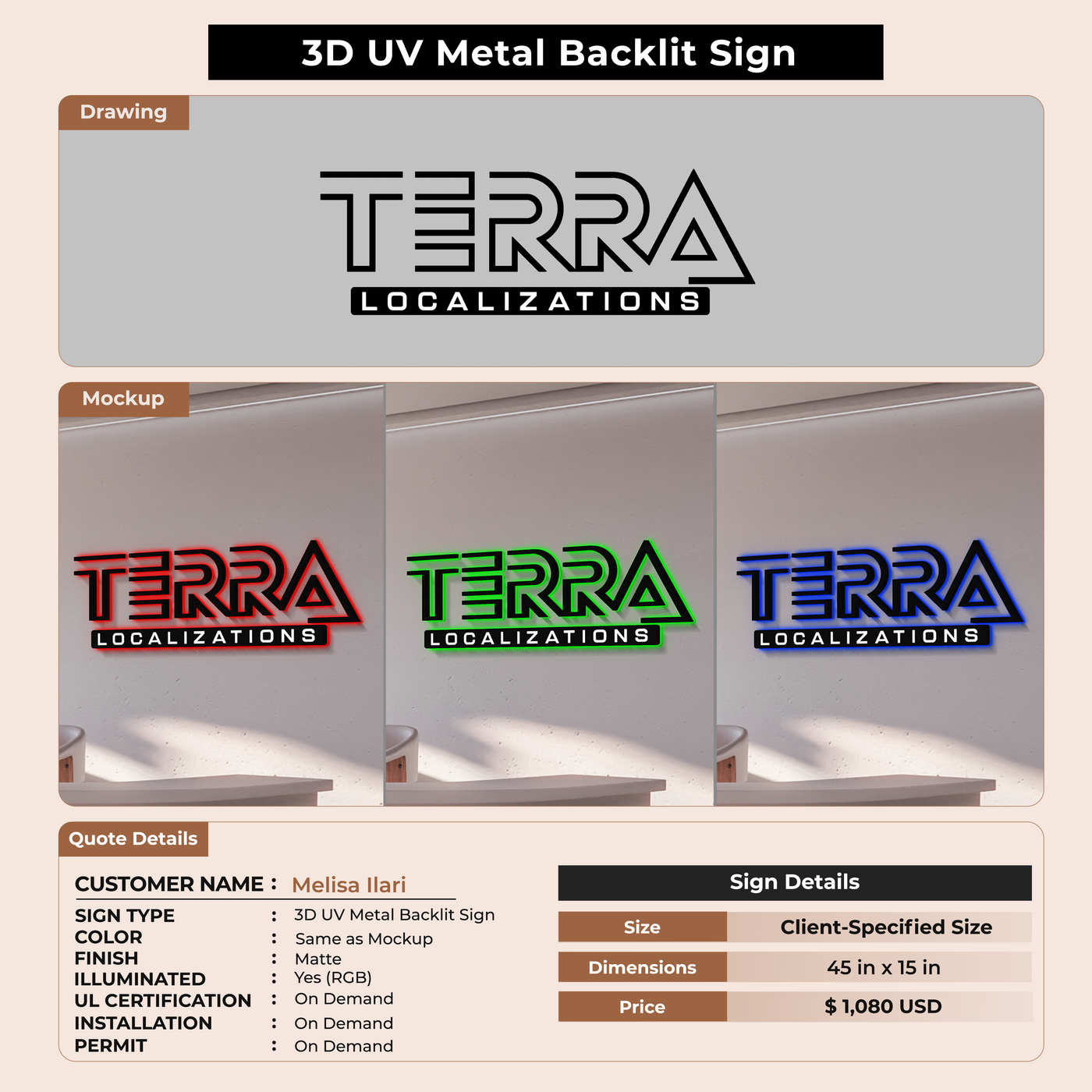 3D UV Metal Backlit Sign for Melisa Ilari