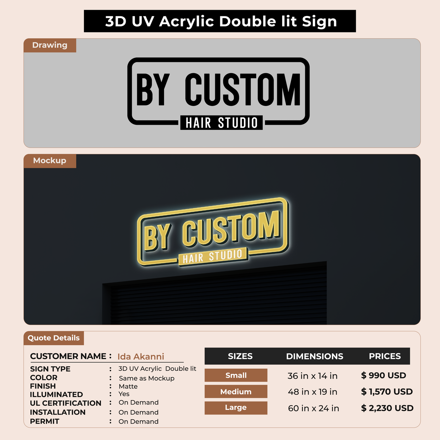 3D UV Acrylic Double-lit Sign For Ida Akanni