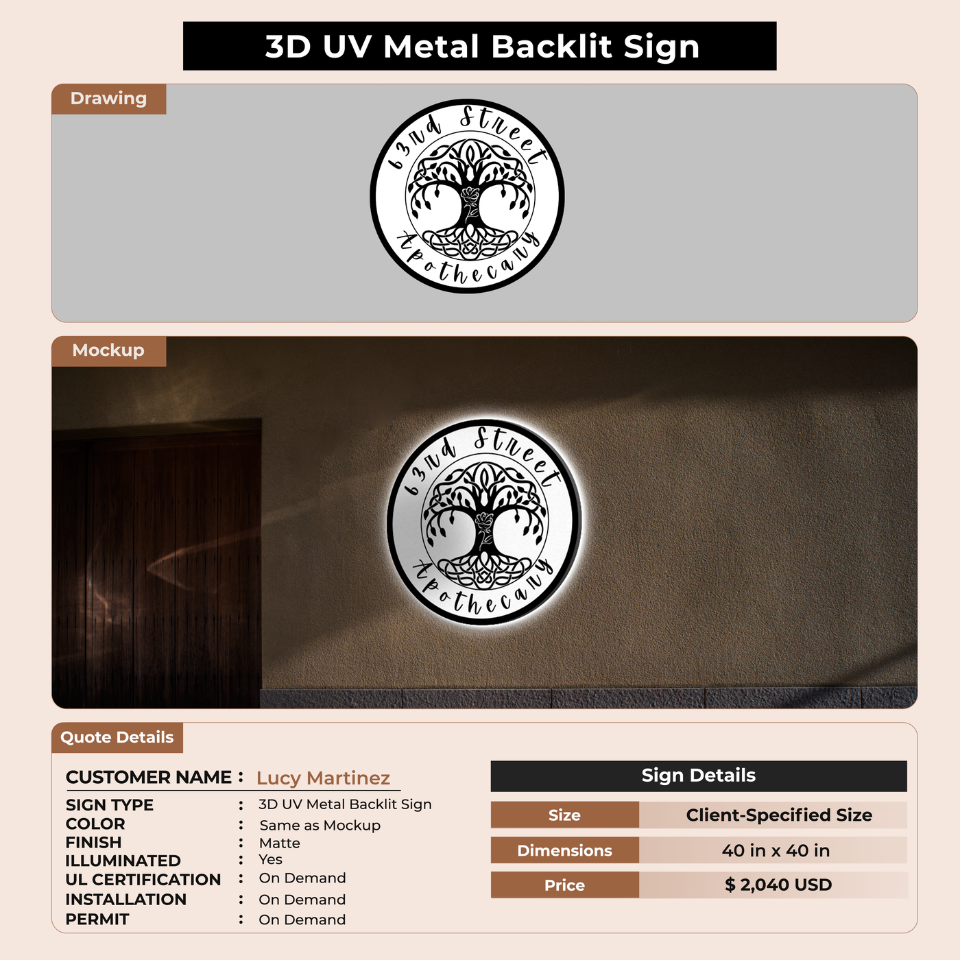 3D UV Metal Backlit Sign for Lucy Martinez