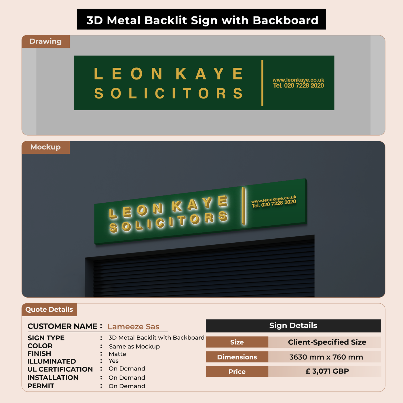 3D Metal Bcklit with Backboard sign for Lameeze Sas