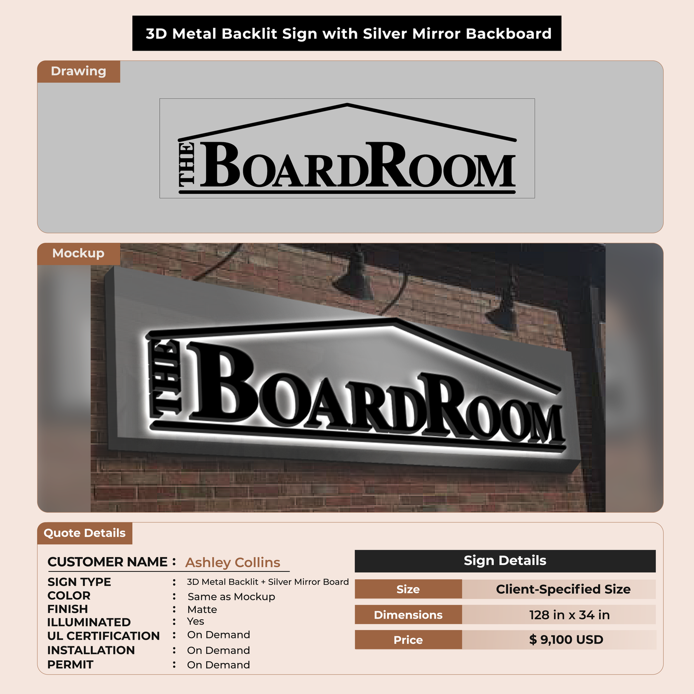 3D Metal Backlit Sign with Silver mirror Backboard Sign for Ashley Collin
