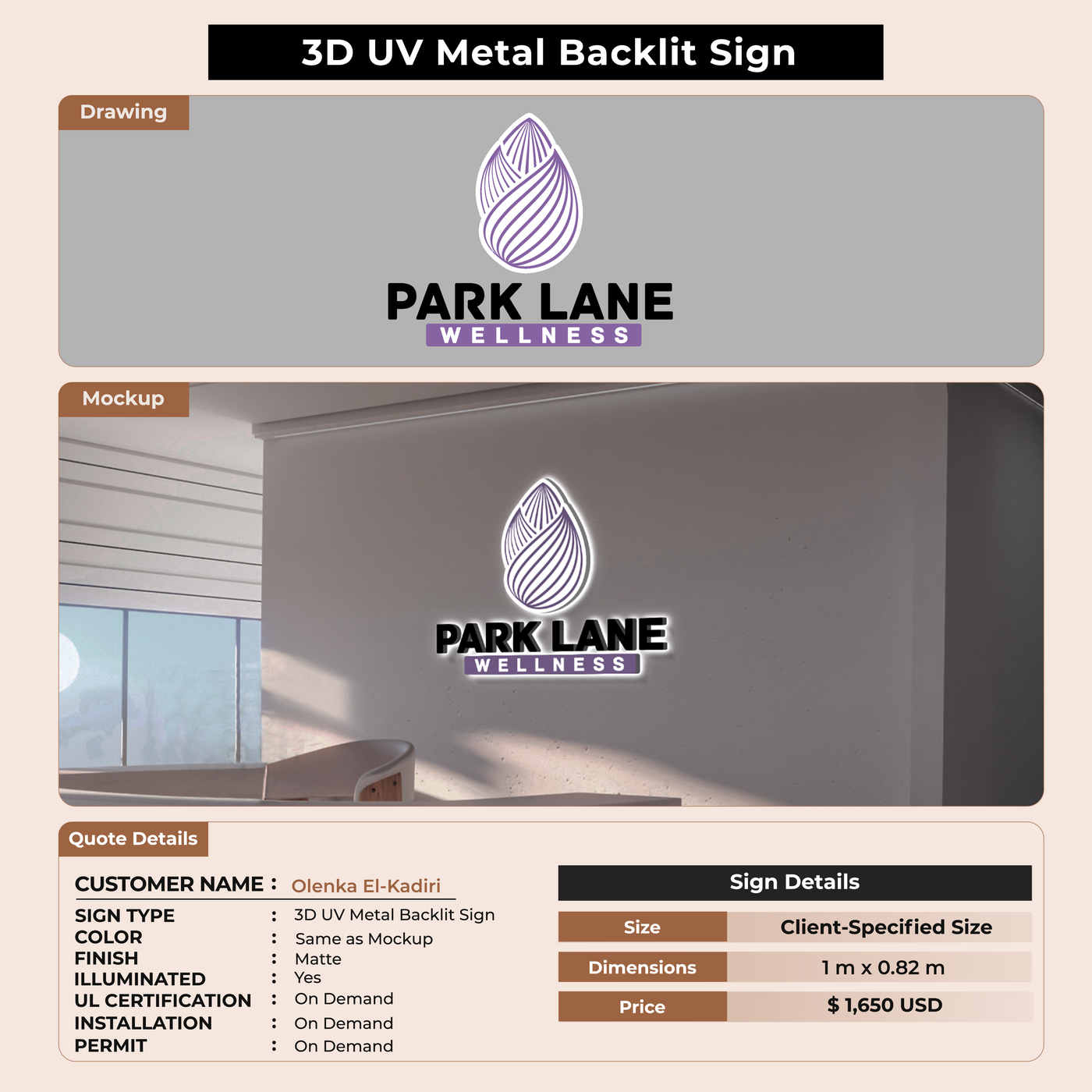 3D UV Metal Backlit sign for Olenka El-Kadiri