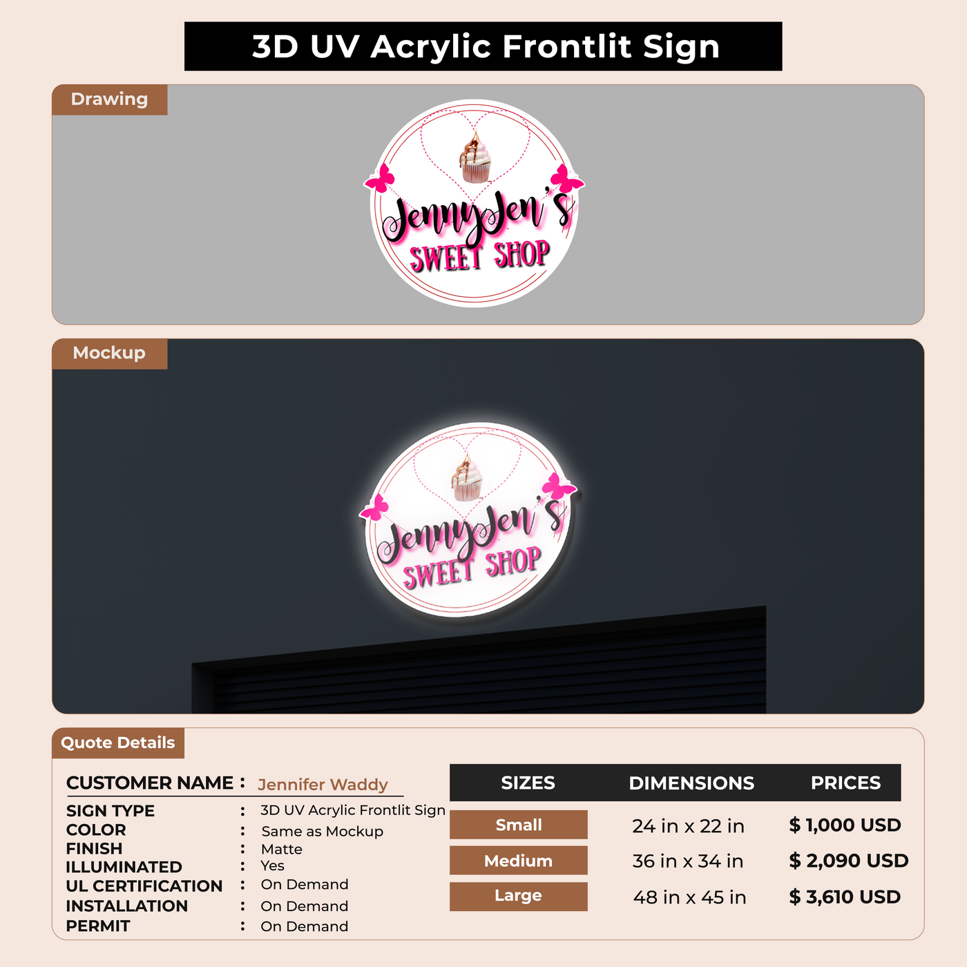 3D UV Acrylic Frontlit Sign for Jennifer Waddy