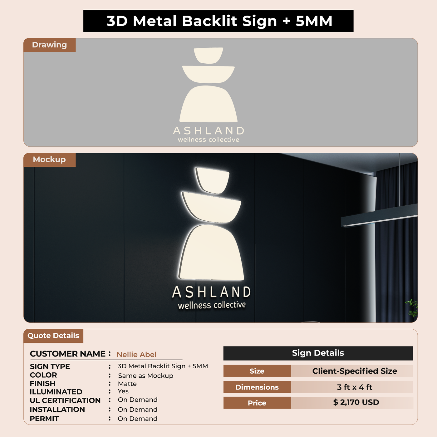 3d metal backlit+5mm Sign for Nellie Abel