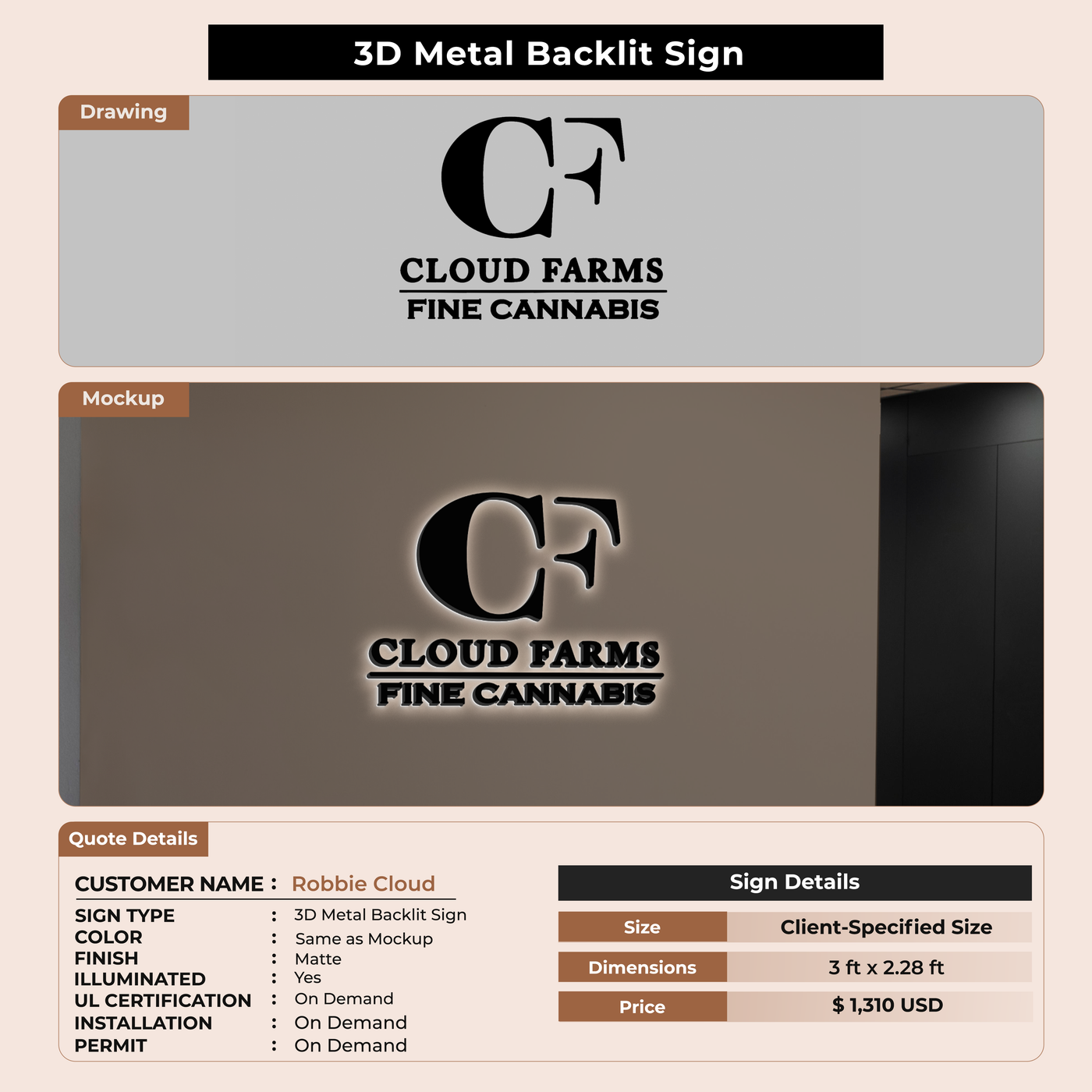 3D  Metal Backlit Sign for Robbie Cloud