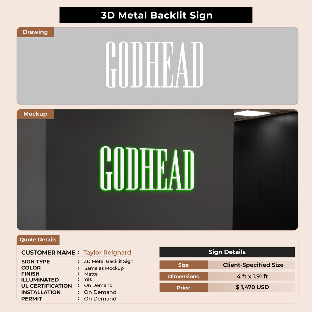 3D Metal Backlit With Backboard sign for Taylor Reighard