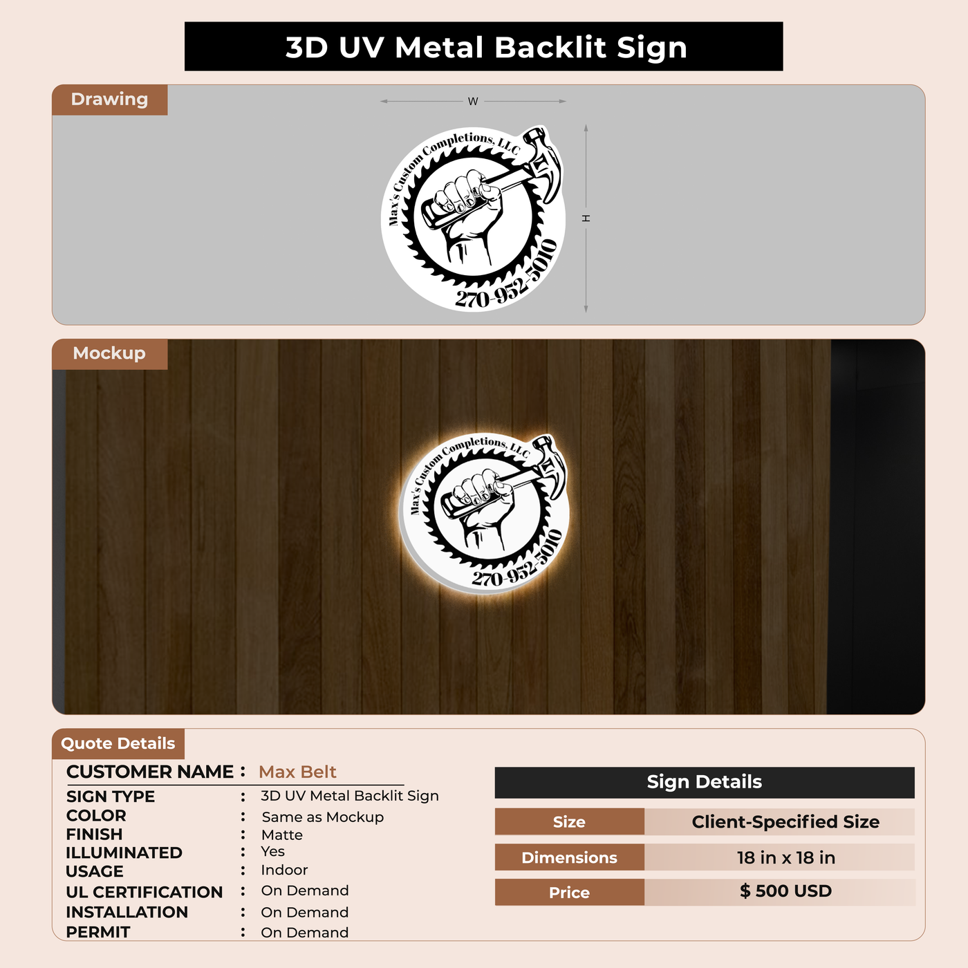 3D UV Metal Back-lit Sign For Max Belt