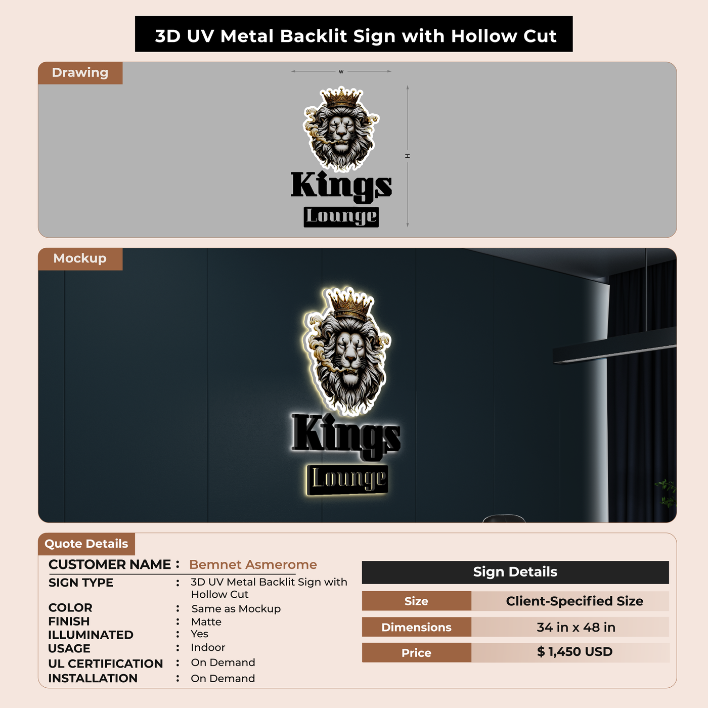 3D UV Metal Backlit Sign + Hollow Cut For Bemnet Asmerome