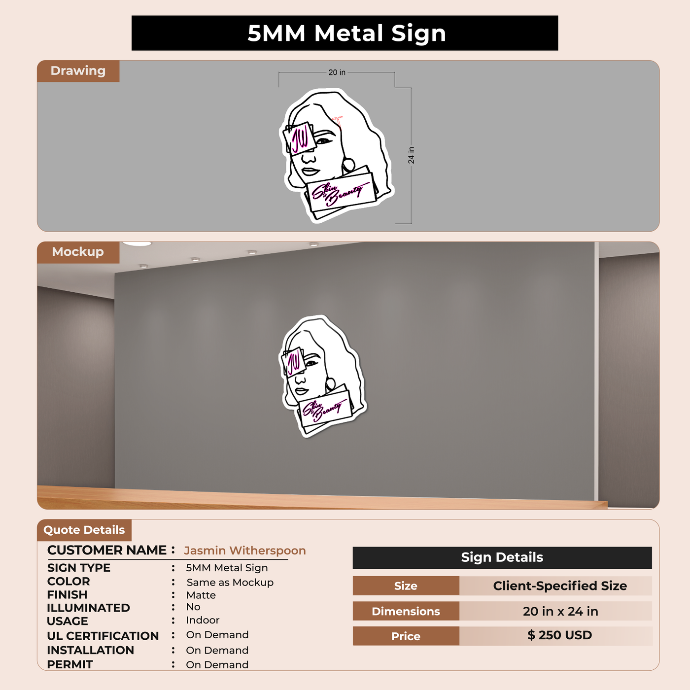 5mm metal sign for Jasmin Witherspoon