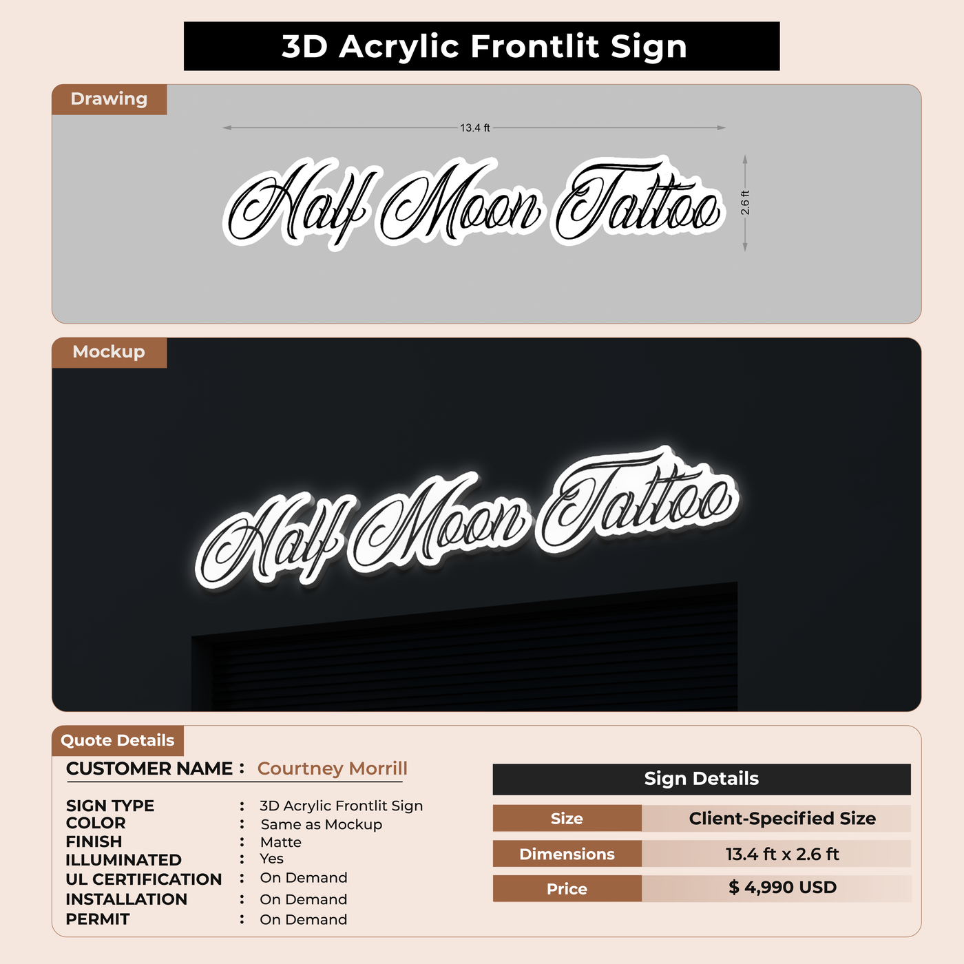 3D Acrylic Frontlit Sign for Courtney Morrill