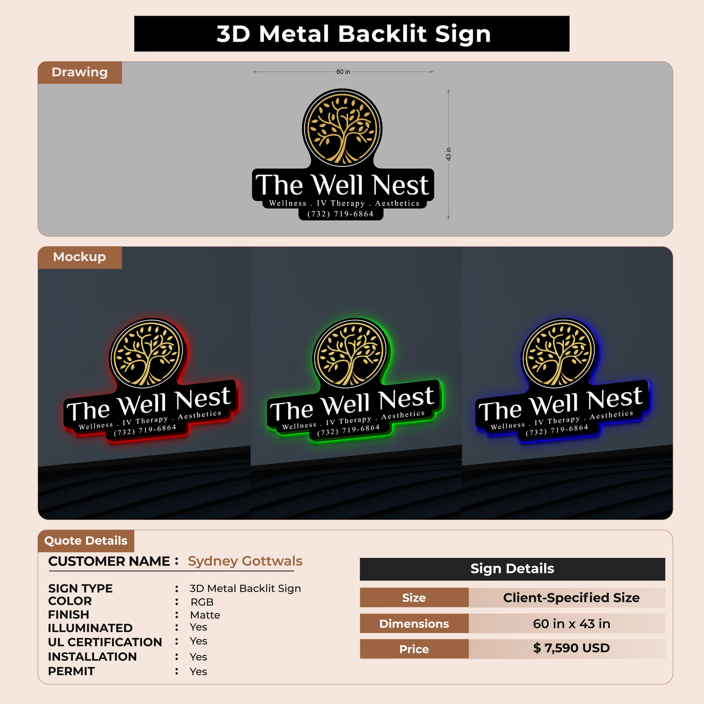 3D Metal Back-lit Sign For Sydney Gottwals
