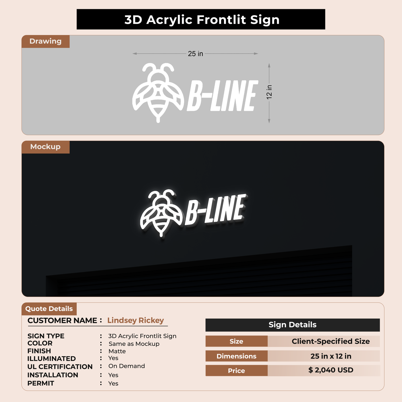 3D Acrylic Front-lit Sign For Lindsey Rickey