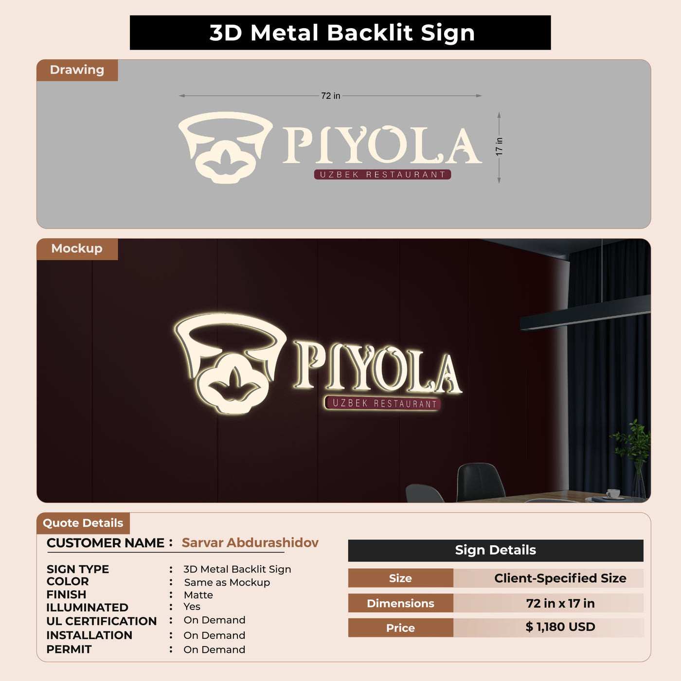 3D Metal Back-lit Sign For Sarvar Abdurashidov