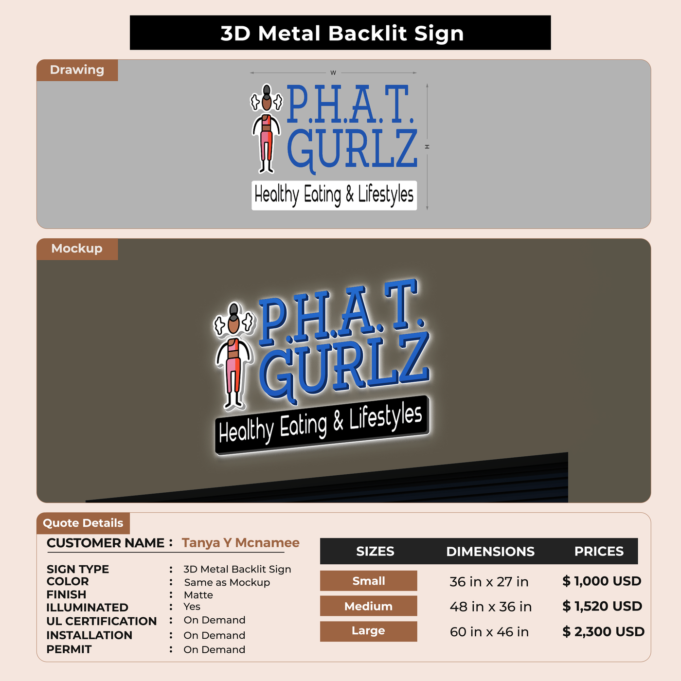 3D Metal Back-lit Sign For Tanya Y Mcnamee
