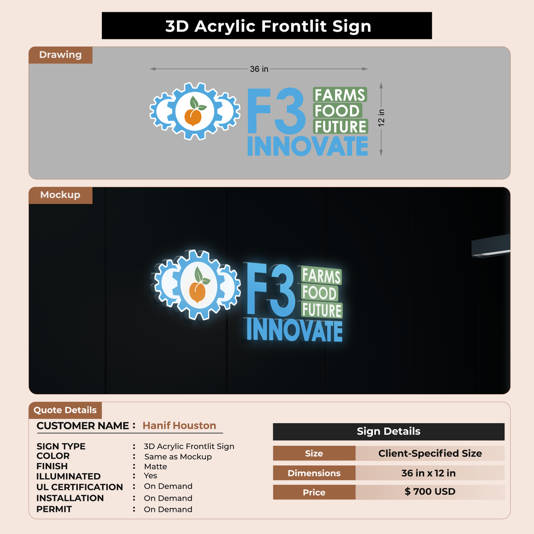 3D Acrylic Front-lit Sign For Hanif Houston